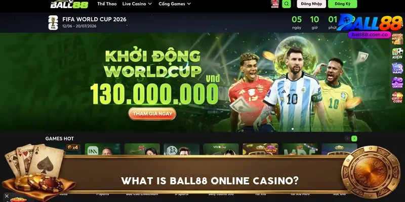 Ball88 online casino homepage showing sports, live dealer, and slots sections